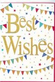 A lively Best Wishes card is shown in close detail, its design capturing the excitement of shared celebration, much like a small get-together in an Acton back garden on a mild evening. At the heart of the card, the words Best Wishes appear in bold, shimmering gold script, slightly raised from the white surface so that they appear almost three-dimensional, reflecting light in soft flashes like tiny sequins. The background remains a pure, uncluttered white, which accentuates the richness of the metallic lettering and keeps the overall look bright and modern. Curving across the card above and below the greeting, strings of colourful bunting create gentle arches that cradle the message, suggesting motion, as if the flags are swaying lightly in a breeze drifting along Acton Lane. Each triangular flag offers a pop of colour-brilliant blues, spirited reds, clear greens, and sunny yellows-and some carry subtle patterns and hints of sparkle, evoking hand-crafted party decorations chosen with care. Scattered amongst the bunting are small star shapes and round confetti dots in coordinating tones, seemingly sprinkled across the card at random, giving a playful sense of spontaneity and joy. The atmosphere is one of warm, inclusive celebration, perfectly suited for sending congratulations on a new job, welcoming a new baby, or wishing someone luck before a big move or exam. Though the scene focuses solely on the card, you can easily imagine it nestled into a vibrant bouquet delivered across Acton, its golden script and colourful pennants echoing the freshness and brightness of seasonal flowers chosen to share in the moment of good news.